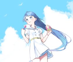 Rule 34 | 1girl, alternate costume, blue eyes, blue hair, blue sky, dress, from below, gradient hair, highres, kantai collection, long hair, looking to the side, multicolored hair, sailor dress, samidare (kancolle), shishanmo, sky, smile, solo, very long hair, white dress