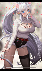 Rule 34 | 1girl, animal ears, bell, belt, belt buckle, black shorts, black thighhighs, blue eyes, blue nails, blush, breasts, buckle, capitan wei, cat ears, cat girl, cat tail, cleavage, cleavage cutout, clothing cutout, cutoffs, dotted background, earrings, extra ears, feet out of frame, fingernails, gluteal fold, hand up, heart, highres, jewelry, jingle bell, large breasts, long fingernails, long hair, long sleeves, looking at viewer, nail polish, necklace, pointy ears, ponytail, short shorts, shorts, sidelocks, silver hair, single thighhigh, skindentation, solo, standing, straight hair, sweater, tail, thighhighs, vei (vtuber), very long hair, virtual youtuber, vshojo, white sweater