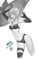 Rule 34 | 1girl, absurdres, arm up, armpits, artist name, black bra, black gloves, black panties, black thighhighs, blush, bra, breasts, character name, cleavage, collarbone, cropped legs, elbow gloves, fate/grand order, fate (series), gloves, greyscale, groin, hair over one eye, highres, holding, holding shield, looking at viewer, mash kyrielight, medium breasts, monochrome, navel, open mouth, panties, salmon88, shield, short hair, solo, standing, thigh strap, thighhighs, underwear, underwear only