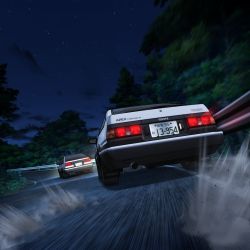 Rule 34 | ae86, battle, car, cloud, debris, forest, from behind, guard rail, highres, initial d, lights, motor vehicle, nature, night, night sky, no humans, official art, outdoors, road, shadow, sky, smoke, star (sky), starry sky, toyota, toyota sprinter trueno, tree, vehicle, vehicle focus