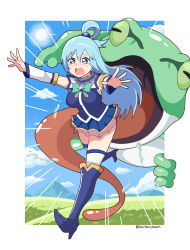 Rule 34 | 1girl, absurdres, aqua (konosuba), artist name, bad id, bad pixiv id, blue eyes, blue hair, blush, boots, breasts, cloud, commentary request, creature, day, detached sleeves, fleeing, frog, giant toad, grass, hair bobbles, hair ornament, high heel boots, high heels, highres, kono subarashii sekai ni shukufuku wo!, long hair, open mouth, outdoors, outstretched arms, pleated skirt, running, skirt, sky, tanitaniyaaan, tearing up, thighhighs, toad (animal), tongue, white thighhighs