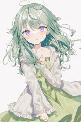 Rule 34 | 1girl, absurdres, blush, commentary request, dress, frilled jacket, frilled sleeves, frills, fuinagi (huyuu mm), green dress, green hair, highres, jacket, kusanagi nene, long hair, long sleeves, looking at viewer, low-tied long hair, open mouth, project sekai, simple background, solo, triangle mouth, white background, white jacket
