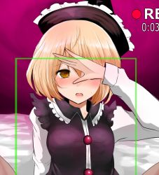 Rule 34 | 1girl, bed sheet, blonde hair, blush, covering one eye, gradient background, han (jackpot), hand on own face, hat, lunasa prismriver, out-of-frame censoring, out of frame, recording, short hair, solo, solo focus, touhou, upper body, viewfinder, yellow eyes