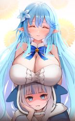 Rule 34 | 2girls, ^ ^, absurdres, animal hood, annoyed, arms behind back, bbolalus, blue bow, blue eyes, blue hair, bow, breast envy, breast rest, breasts, breasts on head, cleavage, closed eyes, detached collar, elf, flower, gawr gura, hair behind ear, hair flower, hair ornament, hand on own cheek, hand on own face, head tilt, highres, hololive, hololive english, hood, huge filesize, korean commentary, large breasts, looking at viewer, multicolored hair, multiple girls, parted lips, pointy ears, shaded face, shark hood, silver hair, smile, streaked hair, sunflower, virtual youtuber, white flower, yukihana lamy