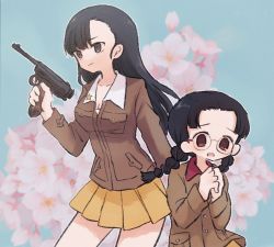 Rule 34 | 2girls, black hair, blunt bangs, blush, braid, breasts, cherry blossoms, cleavage, collared shirt, frown, fukuda haru, girls und panzer, glasses, grey eyes, gun, holding, holding gun, holding weapon, jacket, long hair, medium breasts, military, multiple girls, nishi kinuyo, open mouth, own hands together, parted bangs, pleated skirt, red eyes, ri (qrcode), round eyewear, shirt, skirt, smile, star (symbol), twin braids, uniform, weapon