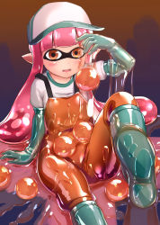 Rule 34 | 1girl, baseball cap, blush, boots, elbow gloves, fang, gloves, golden egg, green footwear, green gloves, hat, highres, inkling, inkling girl, inkling player character, latex, naka (cheeseyeast), nintendo, open mouth, orange overalls, overalls, pointy ears, rubber boots, rubber gloves, salmon run (splatoon), shirt, slime (substance), solo, splatoon (series), splatoon 2, tentacle hair, two-tone background, white shirt