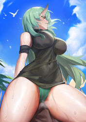 Rule 34 | 1boy, 1girl, absurdres, arknights, black shirt, breasts, covered navel, cunnilingus, cunnilingus through clothes, day, from below, girl on top, green panties, hetero, highres, horns, hoshiguma (arknights), impossible clothes, impossible shirt, large breasts, looking away, looking to the side, no pants, oral, outdoors, panties, parted lips, renleiwanyier, shirt, single horn, skin-covered horns, sleeveless, sleeveless shirt, solo focus, thighs, underwear, yellow eyes