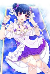 Rule 34 | 1girl, alternate hairstyle, angel of eden (love live!), angel wings, artist name, artist request, back bow, bare legs, bare shoulders, blue bow, blue flower, blue hair, blue skirt, blue wrist cuffs, blush, bow, braid, breasts, cleavage, collarbone, crown braid, crystal hair ornament, double bun, dress, female focus, flower, frilled dress, frills, hair bun, hair flower, hair ornament, hair ribbon, highres, looking at viewer, love live!, love live! school idol festival, love live! school idol festival all stars, love live! sunshine!!, miniskirt, parted lips, pink eyes, pink flower, plaid, plaid dress, plaid skirt, pleated, pleated dress, pleated skirt, purple eyes, ribbon, ribbon-trimmed legwear, ribbon trim, short hair, short sleeves, skirt, sleeveless, sleeveless dress, small breasts, smile, solo, strapless, strapless dress, striped, striped bow, tsushima yoshiko, v, white detached collar, white dress, white flower, white ribbon, white skirt, white wings, white wrist cuffs, wings, wrist cuffs