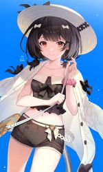 Rule 34 | 1girl, bag, black hair, black shirt, black shorts, blue background, bow, breasts, closed mouth, coat, collarbone, feb itk, granblue fantasy, hair bobbles, hair bow, hair ornament, hat, highres, holding, holding bag, looking at viewer, low twintails, medium hair, navel, red eyes, scrunchie, shirt, shorts, small breasts, sun hat, swimsuit, twintails, vikala (granblue fantasy), white coat, wrist scrunchie