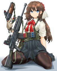 Rule 34 | 1girl, absurdres, ammunition, arm behind back, assault rifle, black pantyhose, black skirt, blue eyes, bow, brown hair, closed mouth, commentary request, crown, cylinder, cylinder (weapon), dress shirt, gloves, gluteal fold, gradient background, gun, hair ribbon, handgun, harness, highres, holding, holding gun, holding weapon, kalashnikov rifle, long hair, looking at viewer, microskirt, mikeran (mikelan), mini crown, mts255, original, pantyhose, pleated skirt, red bow, reflex sight, revolver, revolver shotgun, ribbon, rifle, saiga-12, school uniform, scope, shadow, shirt, short sleeves, shotgun, shotgun shell, shotgun slug, sitting, skirt, sleeves rolled up, smile, solo, thigh strap, thighs, trigger discipline, wariza, weapon, white background, white gloves, white ribbon, white shirt, wing collar