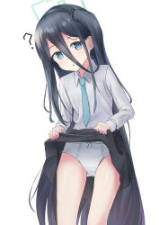 Rule 34 | 1girl, ?, aqua ribbon, aris (blue archive), black hairband, black skirt, blue archive, blue hair, clothes lift, collared shirt, dress shirt, hair between eyes, hairband, halo, highres, holding, kubure, lifting own clothes, long hair, long sleeves, looking at viewer, miniskirt, necktie, one side up, panties, parted lips, pleated skirt, ribbon, shirt, skirt, skirt lift, solo, underwear, very long hair, white background, white panties, white shirt