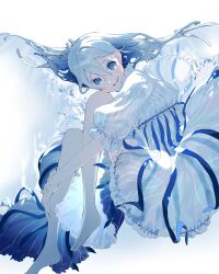 Rule 34 | 1girl, air bubble, barefoot, blue eyes, blue hair, bubble, commentary, dress, frilled sleeves, frills, full body, highres, hugging own legs, knees up, light blue hair, long hair, looking at viewer, open mouth, original, own hands together, puffy sleeves, solo, striped clothes, striped dress, umi (umi04787030), underwater, vertical-striped clothes, vertical-striped dress, water, white background, white dress