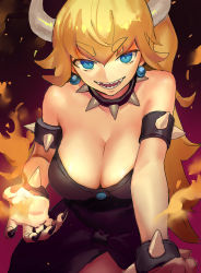 Rule 34 | 1girl, armlet, bare shoulders, black shirt, blonde hair, blouse, blue eyes, bowsette, bracelet, breasts, canking, cleavage, collar, commentary request, earrings, fingernails, fire, highres, horns, jewelry, large breasts, leaning forward, long hair, looking at viewer, mario (series), new super mario bros. u deluxe, nintendo, open mouth, ponytail, sharp fingernails, shirt, solo, spiked armlet, spiked bracelet, spiked collar, spikes, strapless, strapless shirt