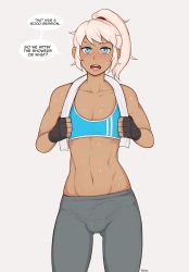 Rule 34 | 1boy, abs, blue eyes, blue sports bra, blush, bulge, cody (dross), crossdressing, dark-skinned male, dark skin, dross, english text, erection, erection under clothes, fingerless gloves, flaccid, gloves, gym uniform, leggings, long hair, male focus, midriff, navel, pants, penis, pink hair, ponytail, simple background, skin tight, solo, spandex, sports bra, standing, toned, trap, workout clothes, yoga pants
