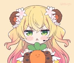 Rule 34 | 1girl, angry, animal ears, animal hands, arm garter, bear ears, bear girl, bear paws, blonde hair, blush stickers, chibi, commentary, english commentary, frilled shirt, frills, gloves, gradient hair, green eyes, headset, hololive, kukie-nyan, long hair, looking at viewer, momosuzu nene, multicolored hair, nekko (momosuzu nene), paw gloves, pink hair, scowl, shirt, sleeveless, sleeveless shirt, solo, triangle mouth, twitter username, two side up, virtual youtuber