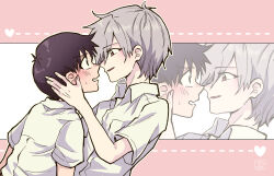 Rule 34 | 2boys, absurdres, ahoge, artist name, black hair, blush, collared shirt, commentary, grey hair, hand on another&#039;s face, hand up, hashimo99187365, heart, highres, ikari shinji, light smile, looking at another, male focus, multiple boys, nagisa kaworu, neon genesis evangelion, nervous, nervous smile, nervous sweating, open mouth, red eyes, shirt, short hair, short sleeves, smile, sweat, sweatdrop, upper body, wavy mouth, white shirt, yaoi, zoom layer
