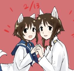 Rule 34 | 2girls, aged down, blush, brown eyes, brown hair, dual persona, looking at viewer, military, military uniform, mozu (peth), multiple girls, open mouth, own hands clasped, own hands together, school uniform, serafuku, short hair, smile, strike witches, strike witches: kurenai no majo-tachi, takei junko, time paradox, uniform, world witches series
