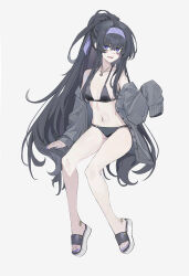Rule 34 | 1girl, bare legs, bare shoulders, bikini, black bikini, black hair, blue archive, cardigan, commentary request, echj, grey background, grey cardigan, hairband, highres, invisible chair, long hair, looking at viewer, navel, off shoulder, official alternate costume, open mouth, ponytail, purple eyes, purple hairband, sandals, simple background, sitting, solo, stomach, swimsuit, thighs, ui (blue archive), ui (swimsuit) (blue archive), very long hair