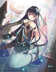 Rule 34 | 10s, 1girl, :d, akinashi yuu, black gloves, blunt bangs, blush, boat, breasts, cardfight!! vanguard, castle, choker, copyright notice, dress, elbow gloves, fins, gloves, hair ornament, hair ribbon, long hair, looking at viewer, mermaid, microphone, monster girl, music, open mouth, original, outstretched arm, purple eyes, ribbon, scales, ship, singing, small breasts, smile, solo, sparkle, strapless, strapless dress, underwater, very long hair, watercraft