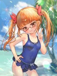 Rule 34 | 1girl, absurdres, bare shoulders, beach, blue one-piece swimsuit, blue sky, blunt bangs, blurry, blurry background, blush, bow, breasts, brown eyes, brown hair, closed mouth, cloud, collarbone, covered navel, cowboy shot, day, dot nose, glasses, hair bow, hair ribbon, hand on own hip, hand up, highres, idolmaster, idolmaster cinderella girls, idolmaster cinderella girls starlight stage, ikebukuro akiha, lens flare, long hair, looking at viewer, ocean, one-piece swimsuit, outdoors, palm tree, pink-framed eyewear, rainbow gradient, red ribbon, ribbon, semi-rimless eyewear, signature, sky, small breasts, smile, solo, sparkle, standing, swimsuit, swimsuit skirt, tree, twintails, under-rim eyewear, v, wet, yukinuno