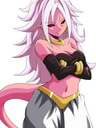 Rule 34 | 1girl, android 21, bare shoulders, black sclera, breasts, cleavage, colored sclera, colored skin, crossed arms, detached sleeves, dragon ball, dragon ball fighterz, earrings, harem pants, hoop earrings, jewelry, long hair, looking at viewer, majin android 21, medium breasts, navel, pants, pink skin, red eyes, simple background, smile, solo, tail, white background, white hair, yamada (fanfantaisa)