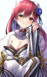 Rule 34 | 1girl, blush, breasts, cleavage, detached collar, fang, fang out, flower, fur trim, hair between eyes, hair flower, hair ornament, highres, hololive, houshou marine, japanese clothes, kimono, long hair, long sleeves, looking at viewer, open mouth, red eyes, red hair, simple background, skin fang, smile, solo, tsurupy, virtual youtuber, white background, white kimono, yellow eyes