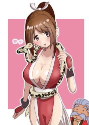 1boy 1girl breasts fatal_fury large_breasts long_hair old old_man ponytail shiranui_mai snake