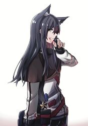 Rule 34 | 1girl, animal ear fluff, animal ears, arknights, black capelet, black gloves, black hair, black shorts, blood, blood in hair, blood on clothes, blood on face, blood on hands, capelet, chinese commentary, commentary request, ear piercing, fingerless gloves, gloves, hibioes, highres, jacket, long hair, parted lips, piercing, shorts, solo, texas (arknights), white jacket, wolf ears, wolf girl, yellow eyes