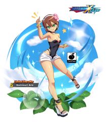 Rule 34 | 1girl, aile (mega man zx), arm up, artist logo, black one-piece swimsuit, blue sky, bracelet, breasts, brown hair, collarbone, commentary, day, english commentary, english text, feet, full body, green eyes, hair between eyes, hairband, headphones, high heels, highleg, highleg swimsuit, highres, jewelry, leaf, legs, linkartoon, logo, looking at viewer, medium hair, mega man (series), mega man x (series), mega man x dive, mega man zx, one-piece swimsuit, outdoors, platform footwear, platform heels, sandals, short shorts, shorts, sky, small breasts, solo, sparkle, strapless, strapless one-piece swimsuit, strappy heels, swimsuit, swimsuit under clothes, thighs, toenails, toes, wedge heels, white hairband, white shorts