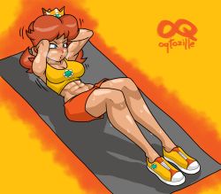 Rule 34 | 1girl, abs, bare shoulders, blue eyes, breasts, cleavage, crown, exercising, full body, highres, legs, lying on ground, mario (series), mario golf, mario tennis, midriff, navel, nintendo, princess daisy, red hair, shoes, shorts, sit-up, sweat, tomboy