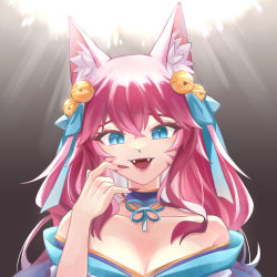 Rule 34 | 1girl, :d, absurdres, ahri (league of legends), animal ear fluff, animal ears, bare shoulders, bell, blue eyes, bow, breasts, cleavage, collarbone, facial mark, fangs, female focus, fingernails, fox ears, green bow, hair bell, hair ornament, highres, japanese clothes, kimono, league of legends, long hair, nail polish, off shoulder, open mouth, portrait, red hair, red nails, sharp fingernails, smile, solo, spirit blossom ahri, whisker markings, yuki (nina901216)