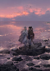 Rule 34 | 2boys, androgynous, beach, bird, black hair, boots, brown cloak, chinese clothes, cloak, cloud, cloudy sky, commentary request, evening, full body, gradient sky, grey hair, highres, long hair, looking at another, male focus, multiple boys, ocean, original, pink sky, ponytail, rock, scabbard, scenery, sheath, shore, sky, standing, sword, toruglose, weapon