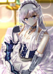 Rule 34 | 1girl, absurdres, artist request, azur lane, belfast (azur lane), blush, braid, breasts, chain, cleavage, collar, collarbone, commentary request, french braid, gloves, highres, large breasts, long hair, looking at viewer, maid, maid headdress, purple eyes, silver hair, smile, solo