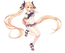 Rule 34 | 1girl, absurdly long hair, akuma (ogino-m), arm strap, bikini, black bow, blonde hair, blush, bow, closed mouth, collarbone, floating hair, full body, hair between eyes, hair bow, leg up, long hair, midriff, navel, original, red eyes, simple background, smile, solo, standing, stomach, swimsuit, twintails, very long hair, white background