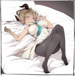 10s 1girl ahoge alp aqua_necktie armpits bare_shoulders bed_sheet between_breasts black_pantyhose blonde_hair blush border breasts closed_eyes draph female_focus from_above full_body granblue_fantasy hair_over_one_eye horns laguna_(granblue_fantasy) large_breasts lying necktie necktie_between_breasts no_shoes on_back one_eye_covered pantyhose pillow pointy_ears short_hair sketch sleeping sleeveless solo