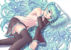 Rule 34 | 1girl, 39, absurdly long hair, aqua hair, aqua necktie, bare shoulders, black skirt, black thighhighs, blue eyes, collared shirt, commentary request, cropped legs, detached sleeves, dress shirt, hatsune miku, head on hand, highres, long hair, looking at viewer, lying, necktie, open mouth, pillow, pleated skirt, qoopxi, shirt, skirt, sleeveless, sleeveless shirt, smile, solo, thighhighs, twintails, very long hair, vocaloid, white shirt, zettai ryouiki