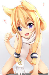 Rule 34 | 1girl, :d, all fours, anchor symbol, azur lane, barefoot, blonde hair, blush, commentary request, fringe trim, full body, groin, hair between eyes, hair ears, hair ornament, hand up, head tilt, heart, highres, long hair, looking at viewer, maru shion, naked scarf, open mouth, purple eyes, scarf, smile, solo, teeth, upper teeth only, very long hair, warspite (azur lane), white scarf