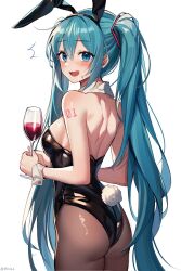 Rule 34 | 1girl, animal ears, aqua hair, ass, back, bare shoulders, black leotard, blue eyes, blush, breasts, chinese commentary, commentary request, cowboy shot, cup, detached collar, drinking glass, drooling, fake animal ears, fake tail, from behind, hair between eyes, hair ornament, hannahkwok4, hatsune miku, highres, holding, holding cup, leotard, long hair, looking back, medium breasts, number tattoo, open mouth, pantyhose, playboy bunny, rabbit ears, rabbit tail, shoulder tattoo, solo, sweatdrop, tail, tattoo, twintails, very long hair, vocaloid, white background, wrist cuffs