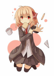 Rule 34 | 1girl, adjusting clothes, blonde hair, bread slice, cup, food, food in mouth, hair ornament, late for school, mouth hold, mug, outstretched hand, pencil, red eyes, rumia, sh (shinh), solo, thighhighs, toast, toast in mouth, touhou, zettai ryouiki