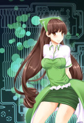 Rule 34 | 1girl, 360 safeguard, bad id, bad pixiv id, brown hair, circuit board, hair ornament, kaka cheung, long hair, personification, ringed eyes, shirt, skirt, solo, taut clothes, taut shirt