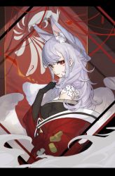 Rule 34 | 1girl, animal ears, bad id, bad twitter id, black kimono, curled fingers, extra ears, eyeliner, eyeshadow, fox ears, fox tail, from side, grey hair, hand up, highres, japanese clothes, kimono, letterboxed, long hair, looking at viewer, looking to the side, makeup, multiple tails, nijisanji, nijisanji en, nina kosaka, off shoulder, red background, red eyeliner, red eyes, red eyeshadow, red kimono, solo, tail, umbra zhuitaiyang, upper body, virtual youtuber