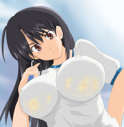 Rule 34 | &gt;:(, 1girl, a certain high school gym uniform, bare arms, black hair, blue sky, bra, bra visible through clothes, breasts, brown eyes, closed mouth, commentary request, covered erect nipples, day, from below, fukiyose seiri, gym shirt, hair between eyes, hand up, head tilt, highres, holding, large breasts, long hair, looking at viewer, outdoors, plaid, plaid bra, shirt, short sleeves, sky, solo, sweat, toaru majutsu no index, toaru majutsu no index: old testament, toko5121, underwear, upper body, v-shaped eyebrows, wet, wet clothes, wet shirt, white shirt, yellow bra
