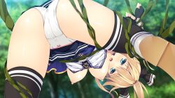 Rule 34 | 1girl, aikawa tatsuki, arena alseif, arms up, blonde hair, blue eyes, blurry, blurry background, blush, breasts, breasts out, cameltoe, cleft of venus, clothes lift, eyebrows hidden by hair, female focus, fingerless gloves, forest, from below, game cg, gloves, groin, high ponytail, large breasts, legs, long hair, nature, nipples, outdoors, panties, pussy, restrained, ryuukishi bloody saga, skirt, skirt lift, solo, suspension, thighs, tree, underwear