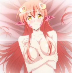 Rule 34 | 10s, 1girl, blush, breasts, female focus, gradient background, highres, lamia, large breasts, long hair, miia (monster musume), monster girl, monster musume no iru nichijou, nude, pointy ears, red hair, screencap, solo, stitched, third-party edit, yellow eyes
