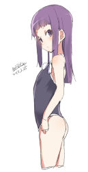 Rule 34 | 1girl, ass, bare arms, bare shoulders, black one-piece swimsuit, blush, closed mouth, cowboy shot, dated, long hair, looking at viewer, looking to the side, maze (gochama ze gohan), object in clothes, object in swimsuit, one-piece swimsuit, original, purple eyes, purple hair, signature, simple background, sketch, solo, swimsuit, white background