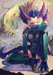 Rule 34 | 1girl, arm guards, armor, bare shoulders, blonde hair, blood, blue sonia (p&amp;d), breasts, claws, covered mouth, cyarhy, dragon, dragon girl, dragon tail, elbow gloves, fantasy, fingerless gloves, full body, gloves, greaves, green eyes, headdress, heterochromia, horns, impossible clothes, impossible leotard, knee up, leotard, long hair, looking at viewer, monster girl, on ground, outdoors, purple eyes, puzzle &amp; dragons, rari (badominton), scales, shadow, sitting, skin tight, sonia (p&amp;d), tail, thighhighs, vambraces