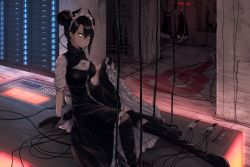 Rule 34 | 1girl, absurdres, agent (girls&#039; frontline), android, arm support, black footwear, black gloves, black hair, black thighhighs, boots, cable, clothes lift, double bun, dress, dress lift, garter straps, girls&#039; frontline, gloves, gun, hair between eyes, hair bun, highres, huge filesize, indoors, lights, long hair, looking at viewer, maid, maid headdress, nazuna (nazuna a2), puffy sleeves, reclining, sangvis ferri, server room, sidelocks, sitting, solo, thigh boots, thighhighs, tsurime, weapon, yellow eyes