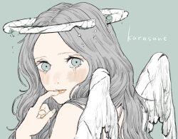 Rule 34 | 1girl, angel, angel wings, artist name, blue eyes, blush, broken halo, commentary request, crying, crying with eyes open, feathered wings, finger to mouth, forehead, from behind, grey hair, hair over shoulder, halo, hand up, highres, karasane03, blue background, lips, long hair, looking at viewer, looking to the side, nose blush, original, parted hair, pink lips, sad, simple background, tears, upper body, wavy hair, white halo, white wings, wings