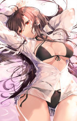 Rule 34 | 1girl, arms up, bad id, bad pixiv id, bikini, black bikini, black hair, breasts, highres, kooemong, large breasts, long hair, looking at viewer, lying, on back, original, red eyes, see-through, shirt, solo, summer, swimsuit, very long hair, wet, wet clothes, white shirt