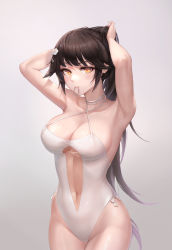 Rule 34 | 1girl, absurdres, armpits, arms up, azur lane, bare arms, bare shoulders, black hair, breasts, center opening, choker, cleavage, covered erect nipples, cowboy shot, criss-cross halter, flower, groin, hair flower, hair ornament, hair tie in mouth, halterneck, highleg, highleg swimsuit, highres, kie (wylee2212), large breasts, long hair, looking at viewer, mouth hold, navel, official alternate costume, one-piece swimsuit, orange eyes, ponytail, solo, spaghetti strap, standing, swimsuit, takao (azur lane), takao (beach rhapsody) (azur lane), thighs, tying hair, white choker, white one-piece swimsuit